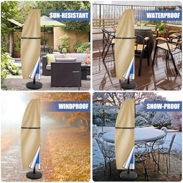 Teynewer Parasol Cover Waterproof, Cantilever Parasol Protective Cover with Telescopic Pole and Zipper Fit for 1 to 3 m Large Umbrella Patio Parasol Weatherproof UV-Anti Windproof, Khaki