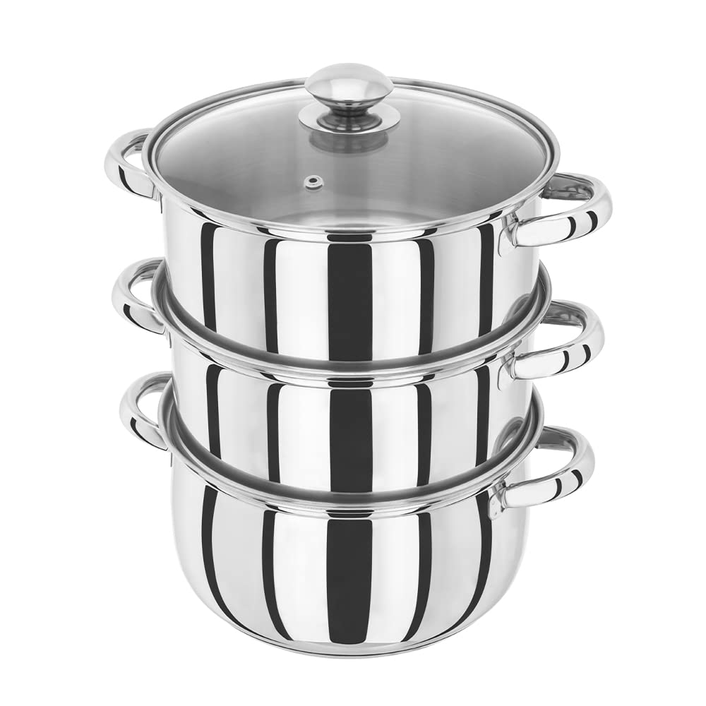 Judge Essentials Stainless Steel 3 Tier Steamer 22cm, Vented Glass Lid, Integral Casserole Pot, Oven Safe, Induction Ready, 10 Year Guarantee