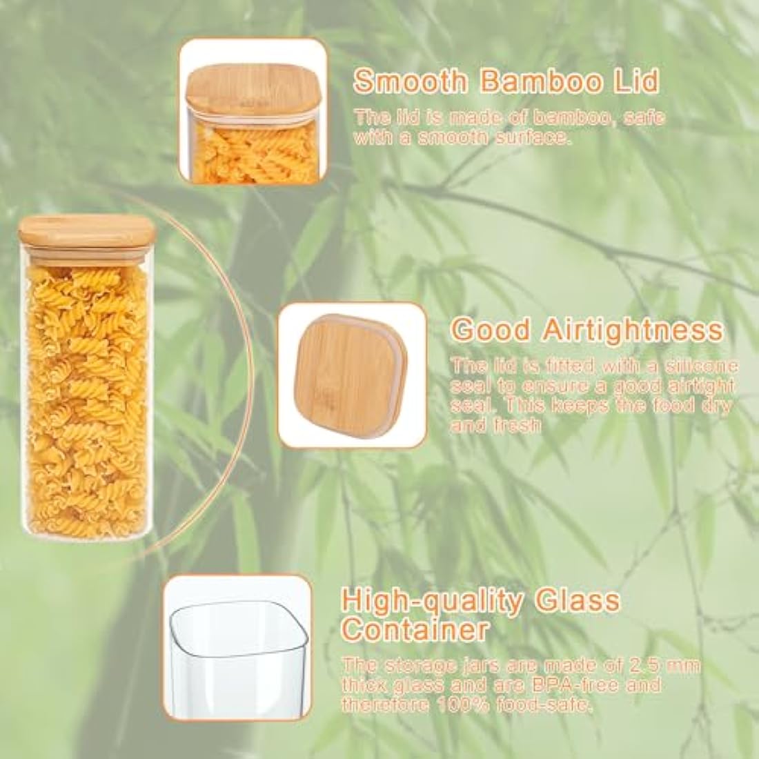 Finew 2100ml Glass Storage Jars with Lids, 3 Pack Airtight Glass Jars & Canisters, Square Spice Jars for Pasta Flour Spices Cookie Sugar Tea Coffee Beans