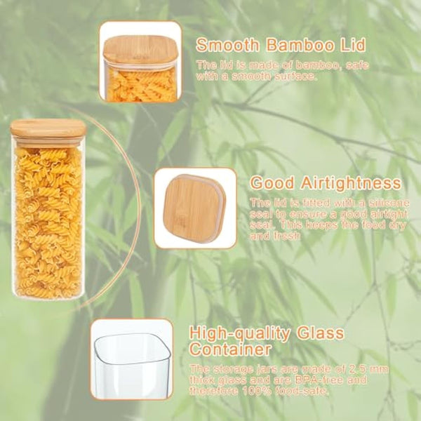 Finew 2100ml Glass Storage Jars with Lids, 3 Pack Airtight Glass Jars & Canisters, Square Spice Jars for Pasta Flour Spices Cookie Sugar Tea Coffee Beans