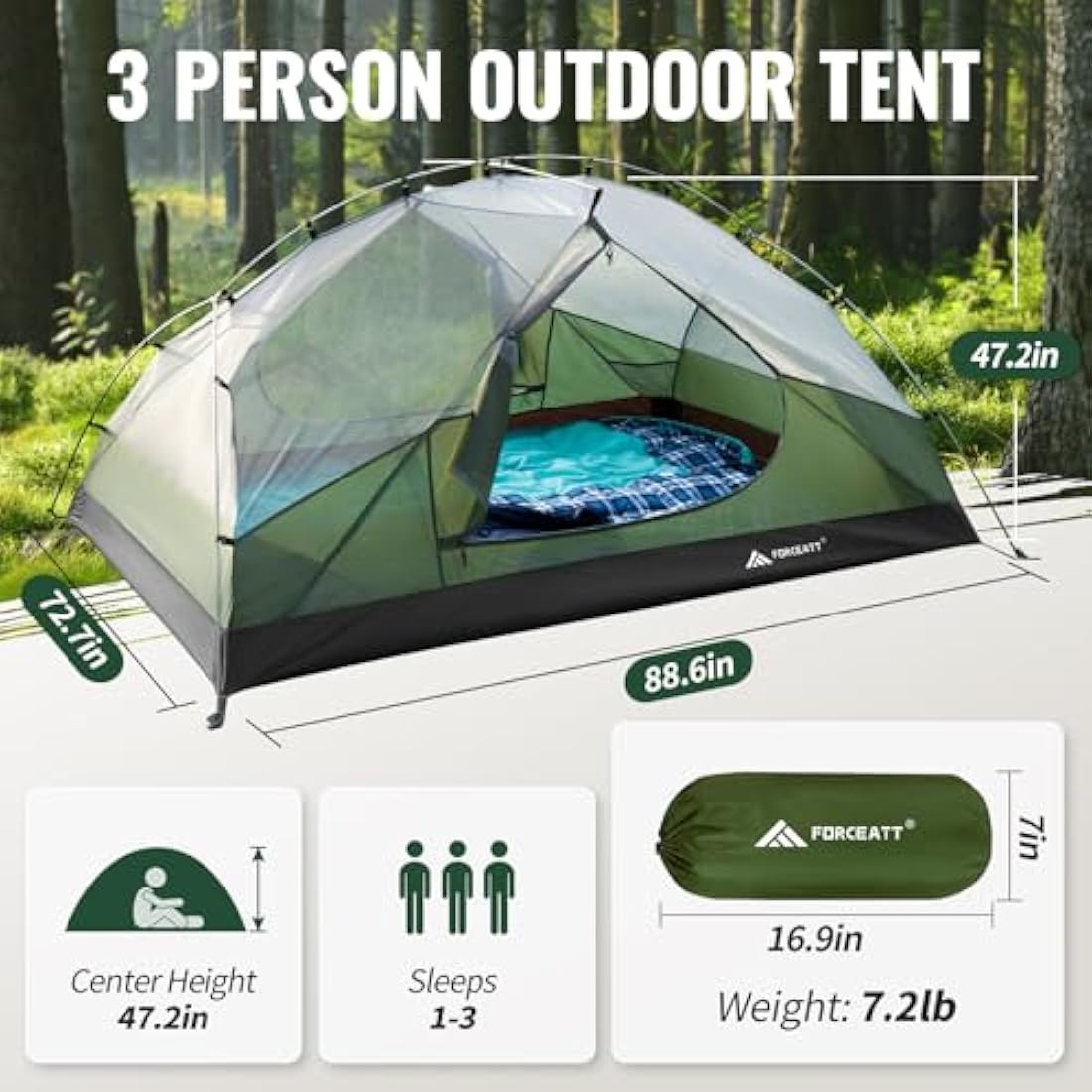 Forceatt Camping Tent,2-3 Man Tent for Outdoor PU3000mm Waterproof Tent Lightweight & Portable easy set up for Hiking Backping Eurohike