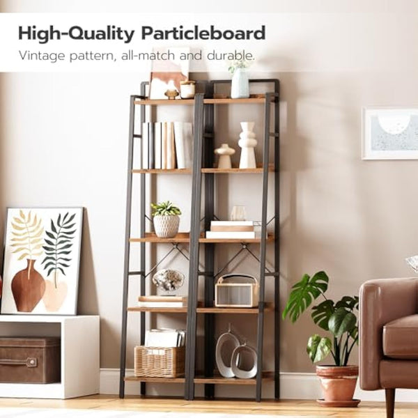 HOOBRO Ladder Shelf, Tall Narrow Bookcase, 5-Tier Book Shelf with Metal Frame, Tall Storage Shelf, Industrial Storage Unit for Home Office, Living Room, Bedroom, Rustic Brown and Black EBF35SJ01