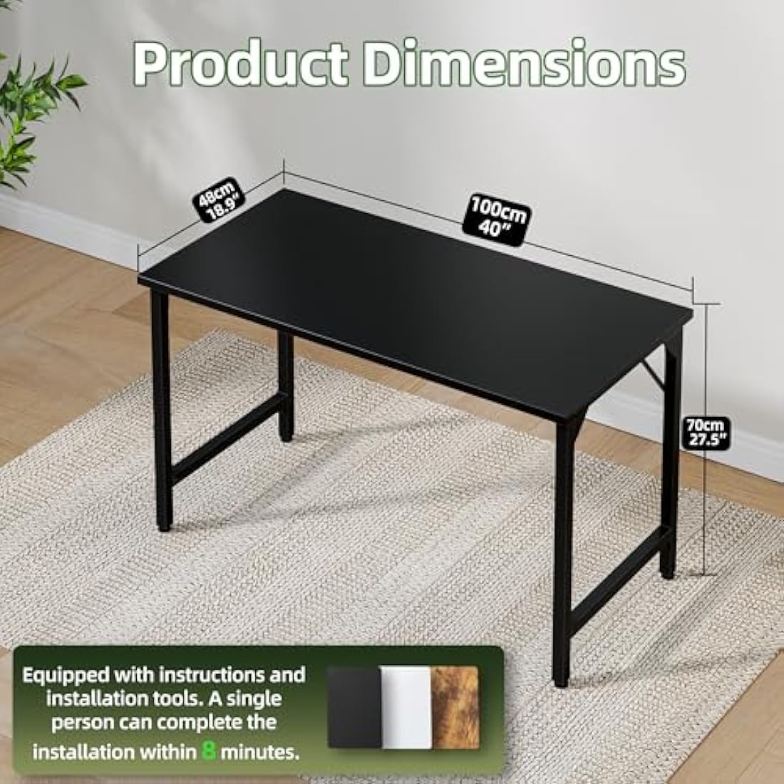 Grandder 100 cm Computer Desk, Small Home Office Desk Study Writing Kid Table, Simple PC Gaming Desk, Adjustable Feet, Black