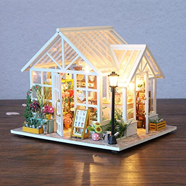 GuDoQi Miniature Dolls House Kit with Music, DIY Miniature House Model Kits for Adults to Build, Handmade Crafts Kit, Room Decoration, Make Your Own Birthday, Father's Day Flower Shop