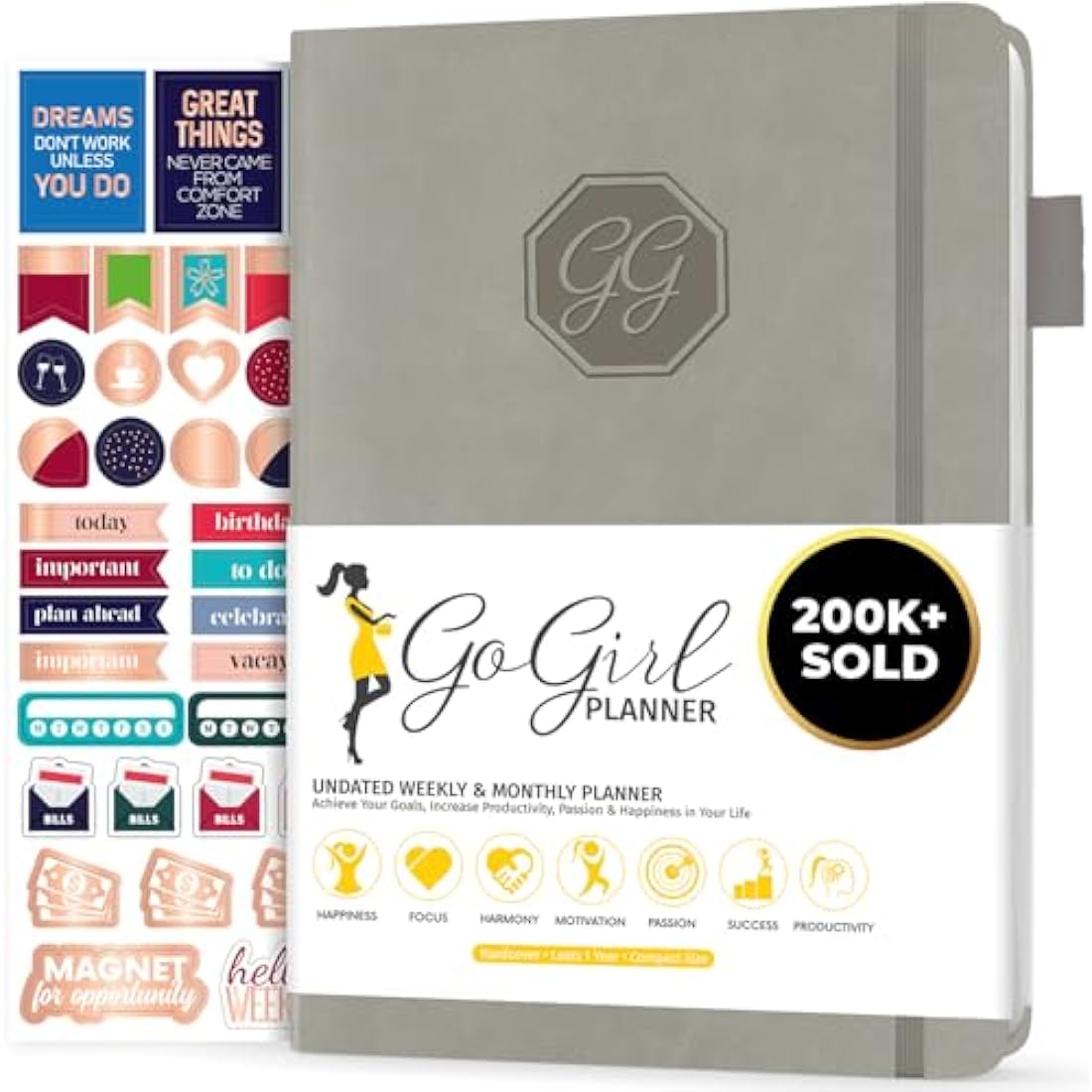 GoGirl Planner and Organizer for Women – Compact Size Weekly Planner, Goals Journal & Agenda to Improve Time Management, Productivity & Live Happier. Undated – Start Anytime, Lasts 1 Year – Grey