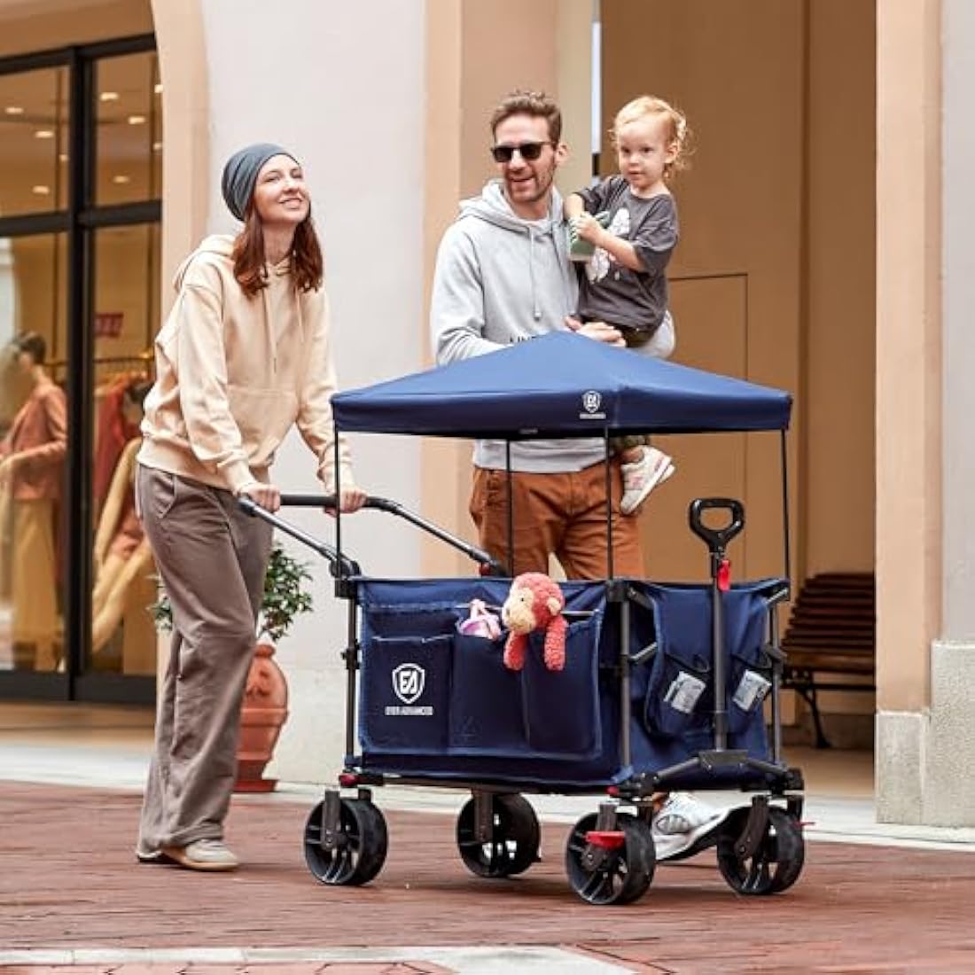 EVER ADVANCED 225L Festival Trolley on Wheels with Removable Canopy, 150KG Heavy Duty Camping Trolley, Push & Pull Beach Cart with 3 Large Pockets, Garden Folding wagon Fishing Blue