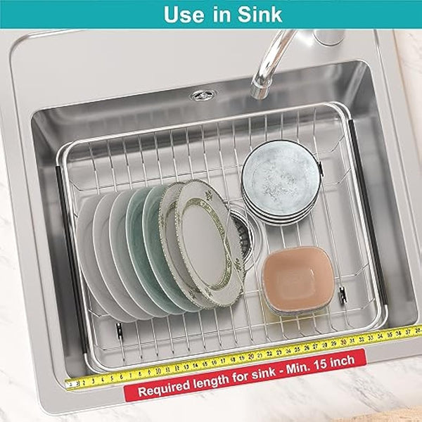 iPEGTOP Expandable Dish Drying Rack Organizer and Utensil Cutlery Holder, 304 Stainless Steel Over Sink Dish Rack, Dish Drainer in Sink or On Counter, Rustproof