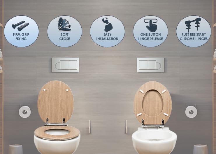 AQUALONA® Luxury Soft Close Toilet Seat - Moulded Wood - Stainless Steel Slow Close Hinges - Click, Lift & Clean Technology (Bamboo Toilet Seat)