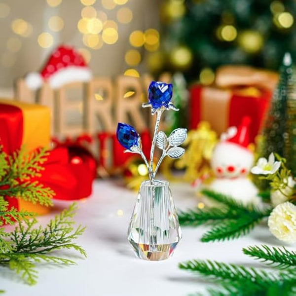 H&D HYALINE & DORA Two Crystal Blue Roses,Crystal Rose Figurine with Silver Pole,Forever Crystal Rose Paperweight Romantic Gift for Her/Wife/Mom/Women