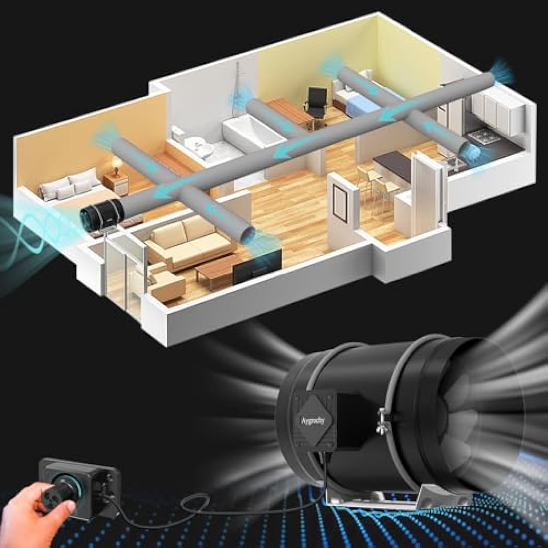 Aygrochy Quiet 8” Inline Duct Fan with Temperature Humidity Controller - Ventilation Exhaust Fan Using for Heating Cooling Booster, Grow Tents, Hydroponics,Home use Ventilation and Exhaust Blower.