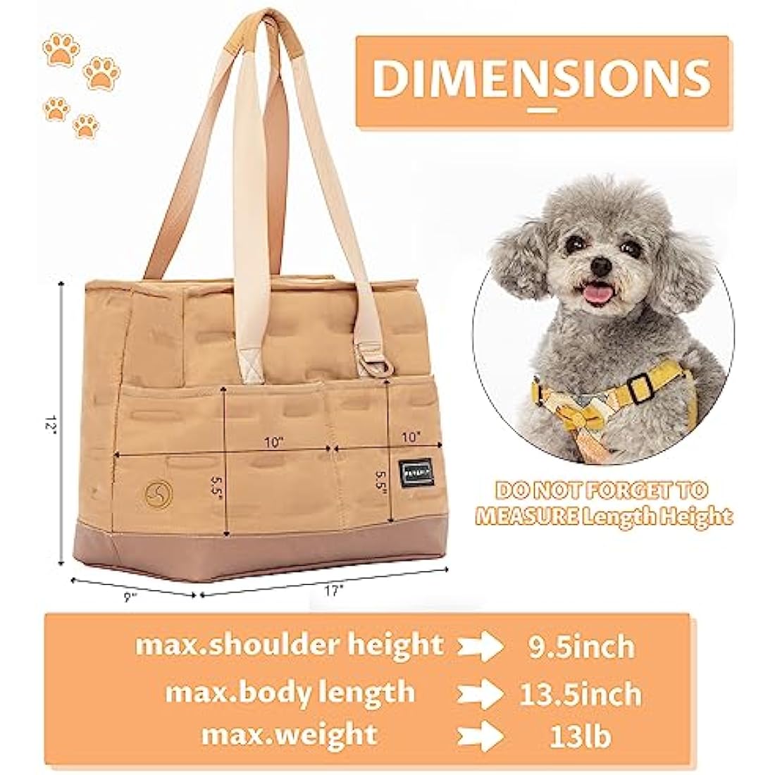 Petsfit Dog Carrier Bag Warm,Dog Tote Bag Pet Carrier with Pockets, Cat carrier Pouch -Adjustable Safety Leash, Poop Dispenser, Waterproof TPU Bottom,Khaki