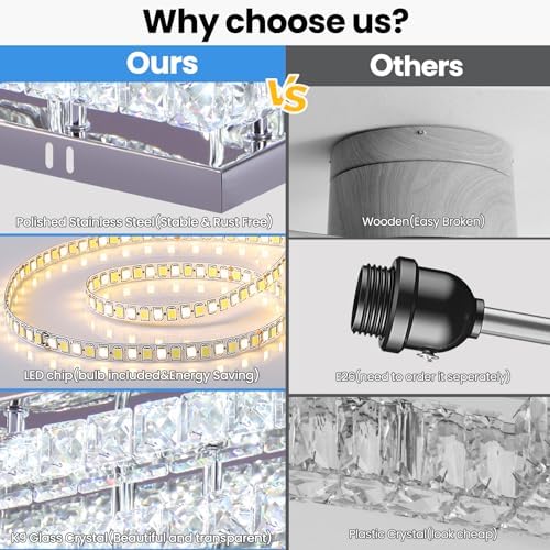 Finktonglan Square Crystal LED Ceiling Light Fixtures, 15” Modern Chandelier Ceiling Lights 3-Tiers Flush Mount Ceiling Lamp Fixture for Living Room Dining Room(6500K Cool White)