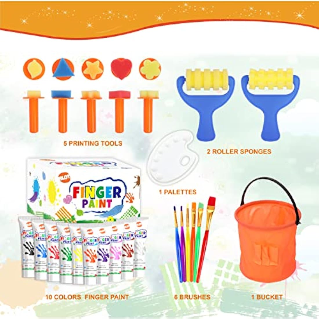 BLOT Kids Paint Kit Washable Finger Paint Set with Assorted Painting Brushes Sponges Palette for Toddlers Children Drawing Gift, Age 3+