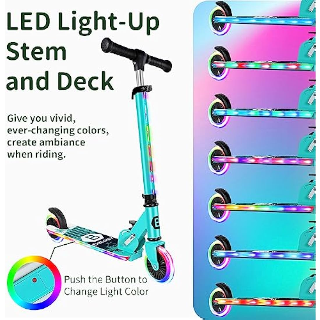 BELEEV V2 Scooters for Kids with Light-Up Wheels & Stem & Deck, 2 Wheel Folding Scooter for Girls Boys, 3 Adjustable Height, Non-Slip Pattern Deck, Lightweight Kick Scooter for Children Ages 3-12