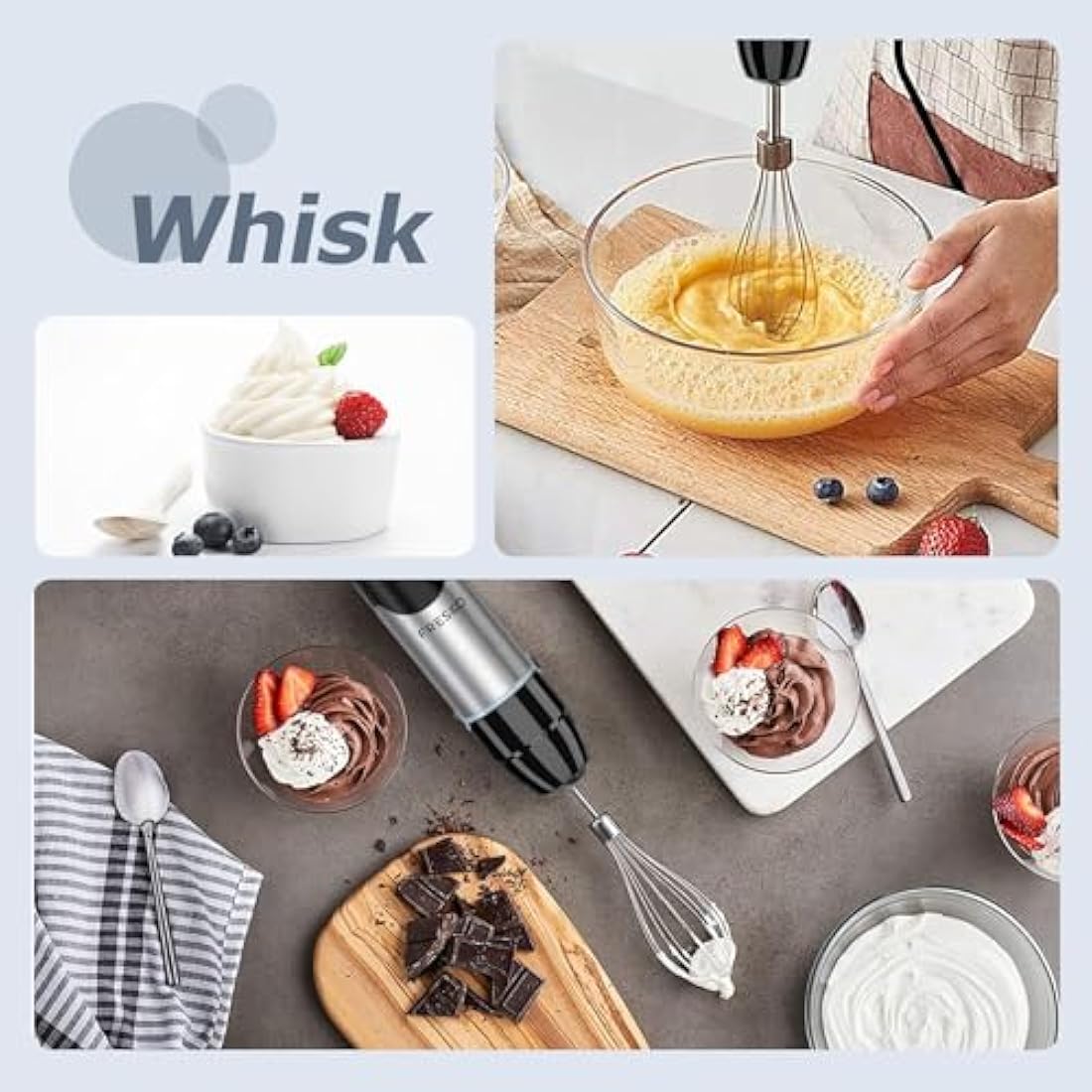 FRESKO Hand Blender 4-in-1, 1000W Electric Stick Blender Stainless Steel with 12-Speeds & Turbo Mode, Baby Food Immersion Blender Handheld with Whisk，700ml Measuring Cup & 500ml Chopper