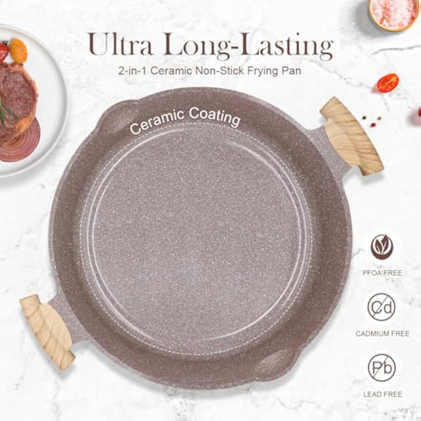 AIKENBBKK 2-in-1 Ceramic Nonstick Deep Frying Pan Skillet, 32cm Frying Pan with Lid Healthy Ceramic Non-Stick Coating, PFOA/PTFE-Free- Brown