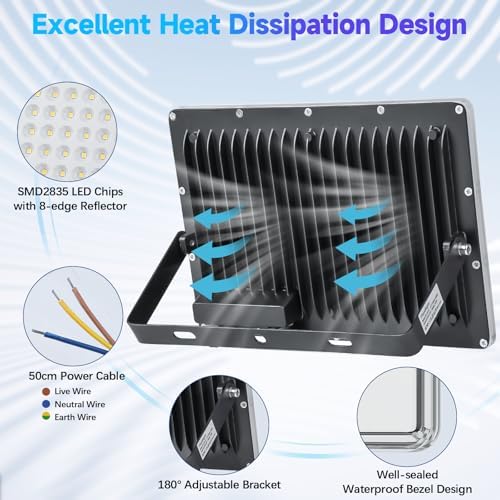 TASINUO 100W LED Floodlight Outdoor 2 Pack, 10000LM Outdoor Security Lights, IP67 Waterproof LED Spot Lights 7000K Daylight LED Flood Lights for Garden Yard Garages Warehouse Patio Billboard