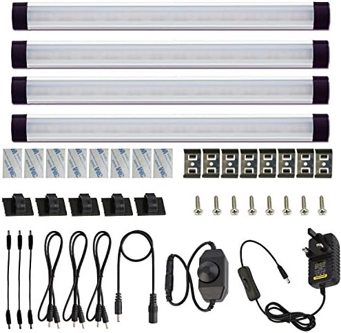 AlBOO Under Cabinet Kitchen Lights Wired LED 6000K Dimmable,28cm Under Cupboard Kitchen Lights 12V Plug in with Mains,Ultra Thin Fixture Under Couter Lights Display Lights for Cabinet Cupboard 4 Pack