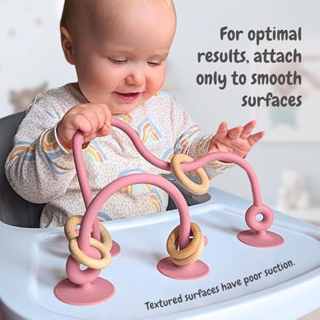 Infatot® Teething Suction Toy – Wood & Silicone Baby Toys 0-6 Months, Sensory Toy for Early Development, Suction Teether for High Chair, Baby Gift for Boys and Girls - Cream