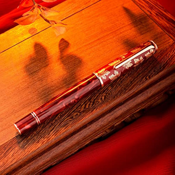 Hongdian N8 Red Acrylic Fountain Pen, Irdidium Long Blade Fine Nib Rose Gold Trim Maple Leaves Carving Cap, Smooth Writing Pen with Converter and Metal Pen Box Set
