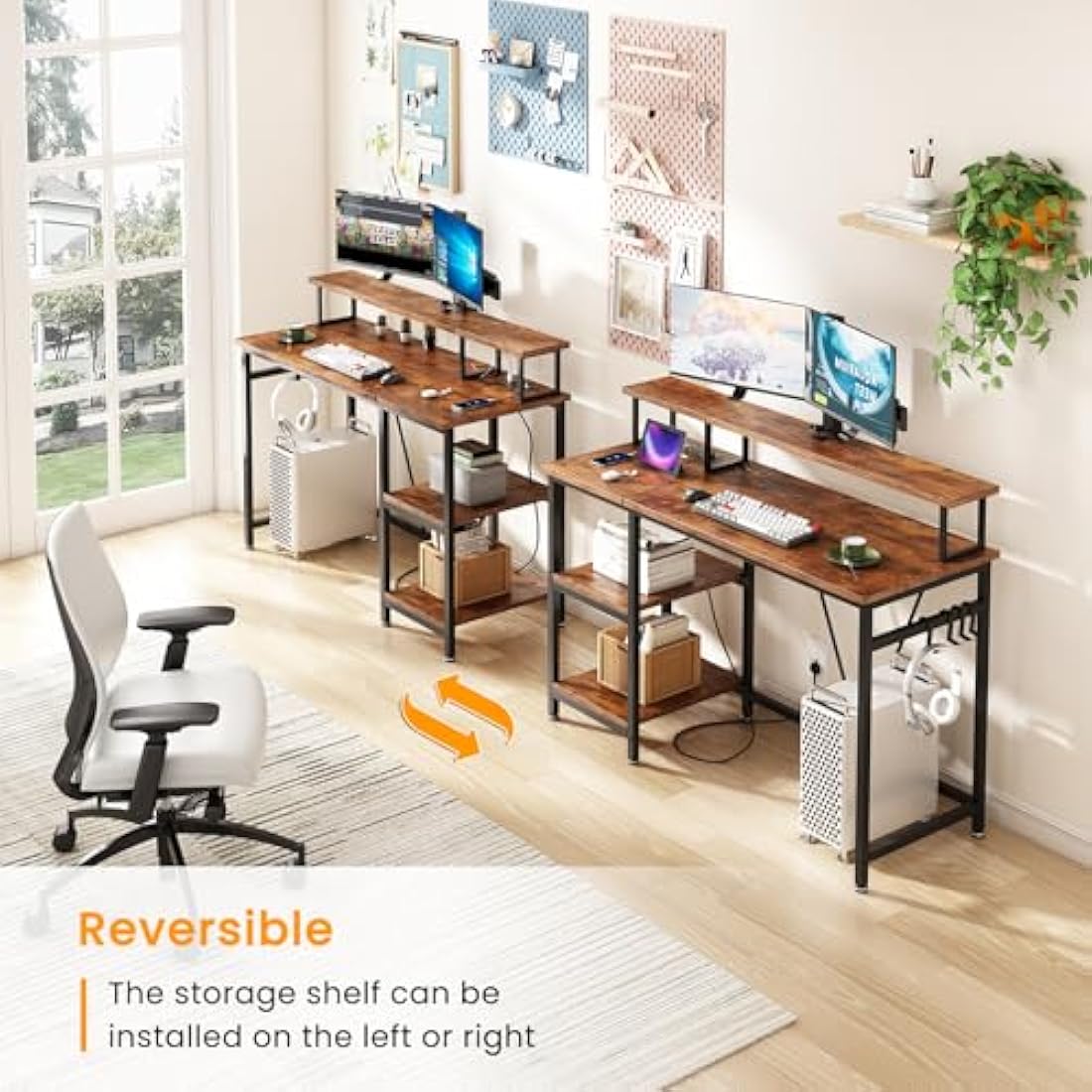 Dripex Computer Desk with Power Outlet, 107.5cm Reversible Desk with Long Monitor Stand, Storage Shelves, Hooks, Work Writing Gaming Table for Home Office