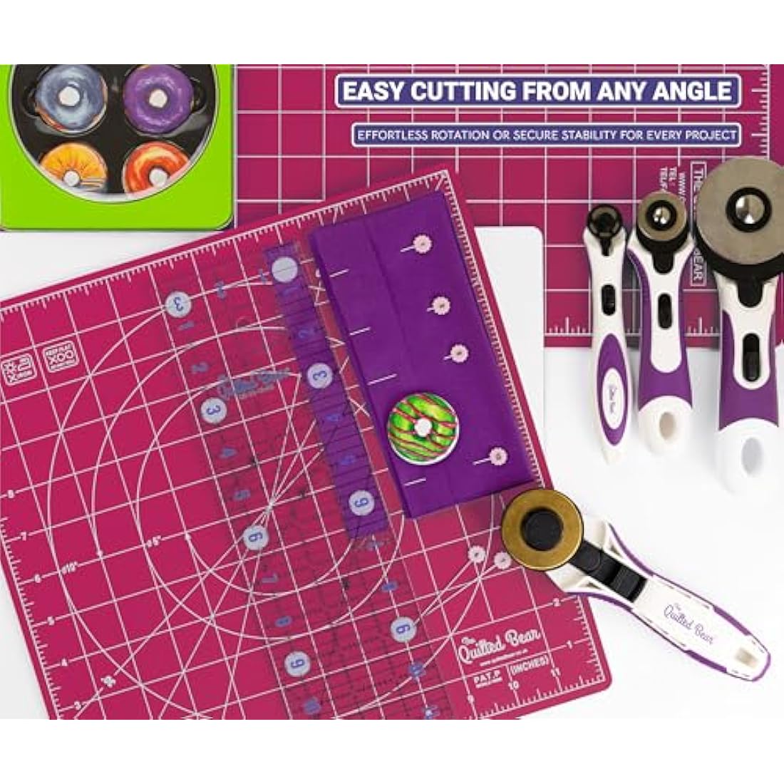 The Quilted Bear Rotating Cutting Mat 18" x 18" - Square Self Healing Rotating Craft Cutting Mat with Innovative Locking Mechanism for Quilting & Sewing (Pink)