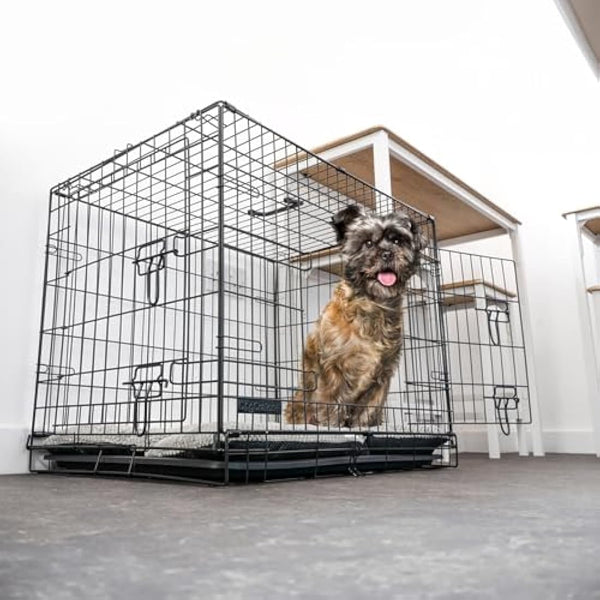 DogCrates+ Medium Foldable Dog Crate with Bed, 2 Doors Design, Non-Chew Metal, Removable Tray, 30-Inch Black