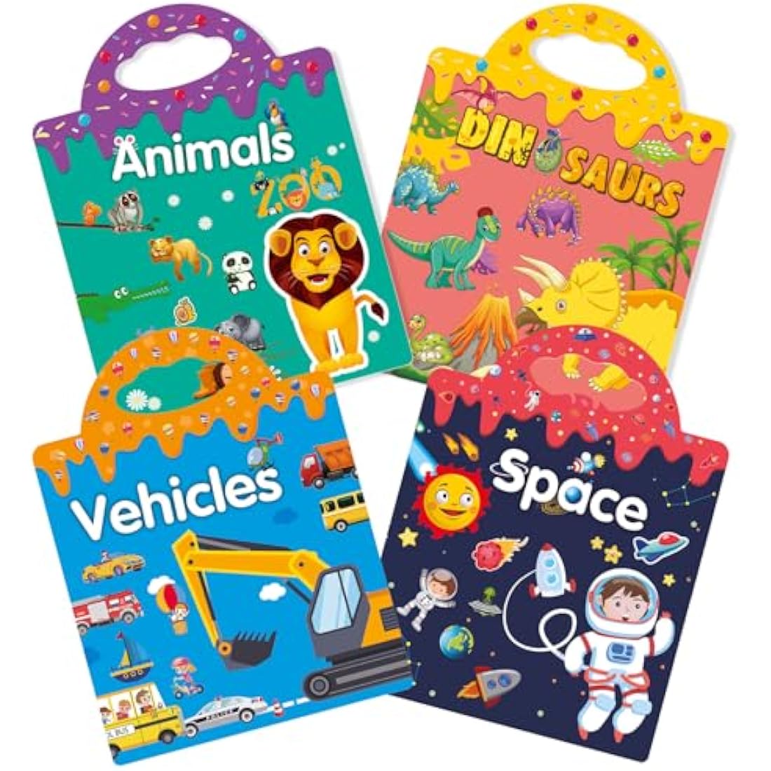 GUYUCOM 4 Pack Reusable Sticker Books, Toys for Age 3 4+ Year Old Kids Boys Girls Toddlers, 3D Clear Animal Space Vehicles Dinosaur Sticker Book Educational Learning Toy Birthday Gifts