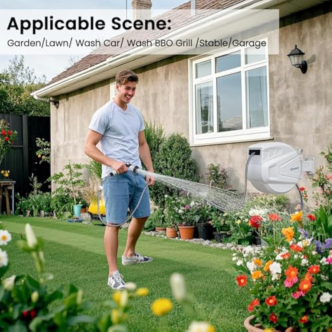 Roywel Auto Reel Garden Hose 30M，Hose Reel Wall Mounted，Auto Rewind, Self-Locking System,180° Pivotal with Multifunction Spray Nozzle