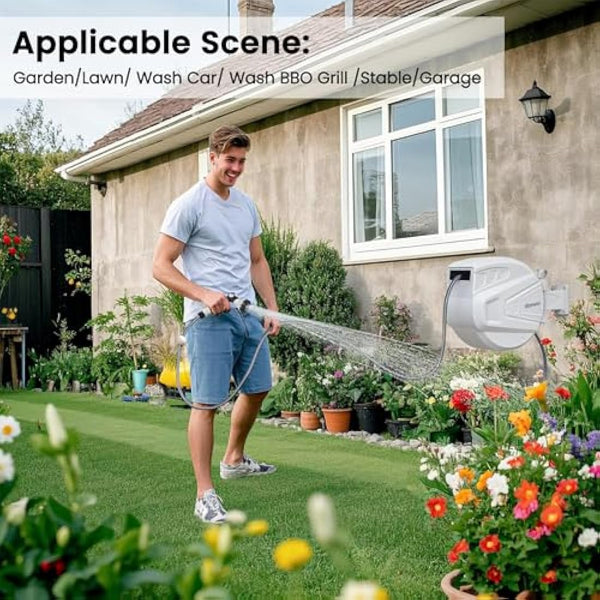 Roywel Auto Reel Garden Hose 30M，Hose Reel Wall Mounted，Auto Rewind, Self-Locking System,180° Pivotal with Multifunction Spray Nozzle