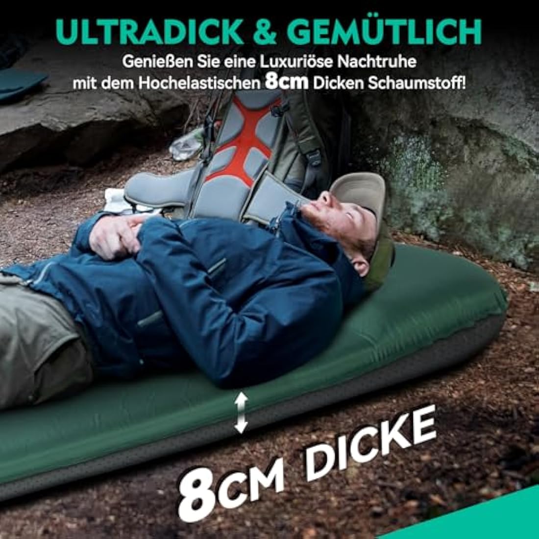 HIKENTURE Self-Inflating Sleeping Mat, 8 cm Thick Foam Camping Mattress, Self-Inflating Air Mattress, Comfortable Sleeping Mat for Outdoor, Tent, Hiking A2