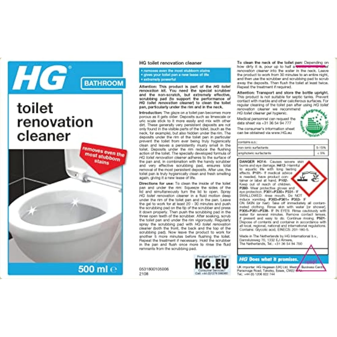 HG Toilet Renovation Cleaning Kit, Effective Bathroom & WC Cleaner, Cleans and Descales Toilet Bowl & Under Toilet Rim, Limescale & Stain Remover - 500ml (318006106)
