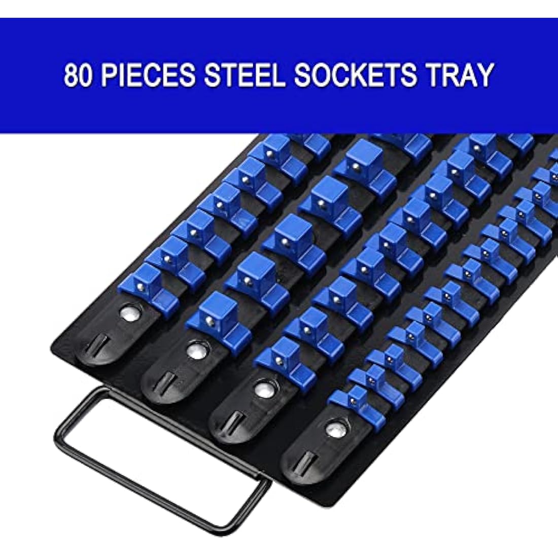 CASOMAN 80-Piece Heavy Duty Socket Organizer Tray, 1/4-Inch, 3/8-Inch, 1/2-Inch,Premium Quality Socket Holders,Black Rails with Blue Clips, Best Unique Tool Gift for Men