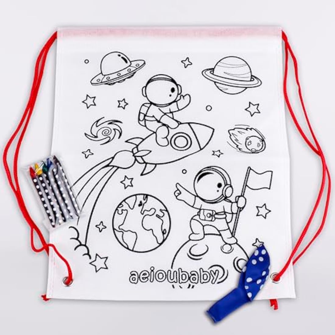 aeioubaby.com 25 Backpacks Color Your Own + Reusable Bag | 25 Individual Bags, 5 Coloured Crayons and Balloon | Children's Gift for Parties and Birthdays (Space)