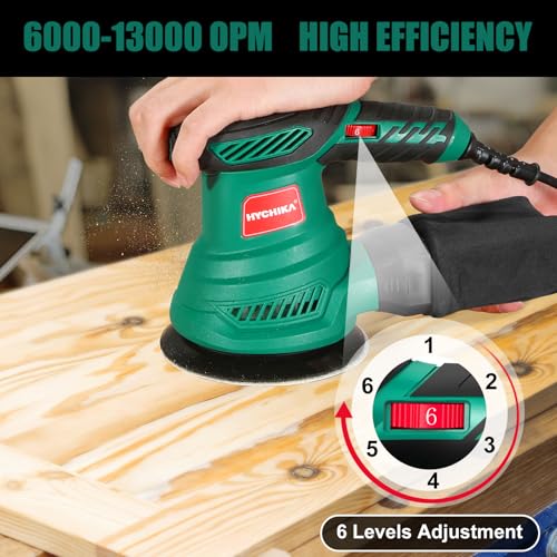 HYCHIKA Orbital Sander, 300W 13000RPM Random Orbital Sander, 6 Variable Speeds, 125mm 12Pcs Sandpapers, Electric Sander with Dust Collection Ideal for Sanding, Polishing Wood, DIY, Home Improvements