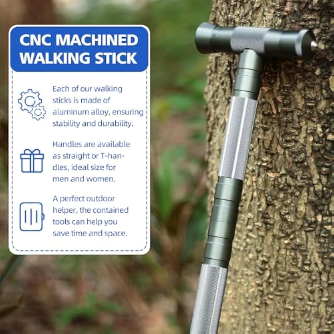 aiGear Tactical Stick/Hiking Walking Trekking Poles | CNC Machined Aluminum Tactical Cane - Adjustable Length | For Hiking Camping Mountaining Backpacking | Color Gray