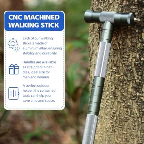 aiGear Tactical Stick/Hiking Walking Trekking Poles | CNC Machined Aluminum Tactical Cane - Adjustable Length | For Hiking Camping Mountaining Backpacking | Color Gray