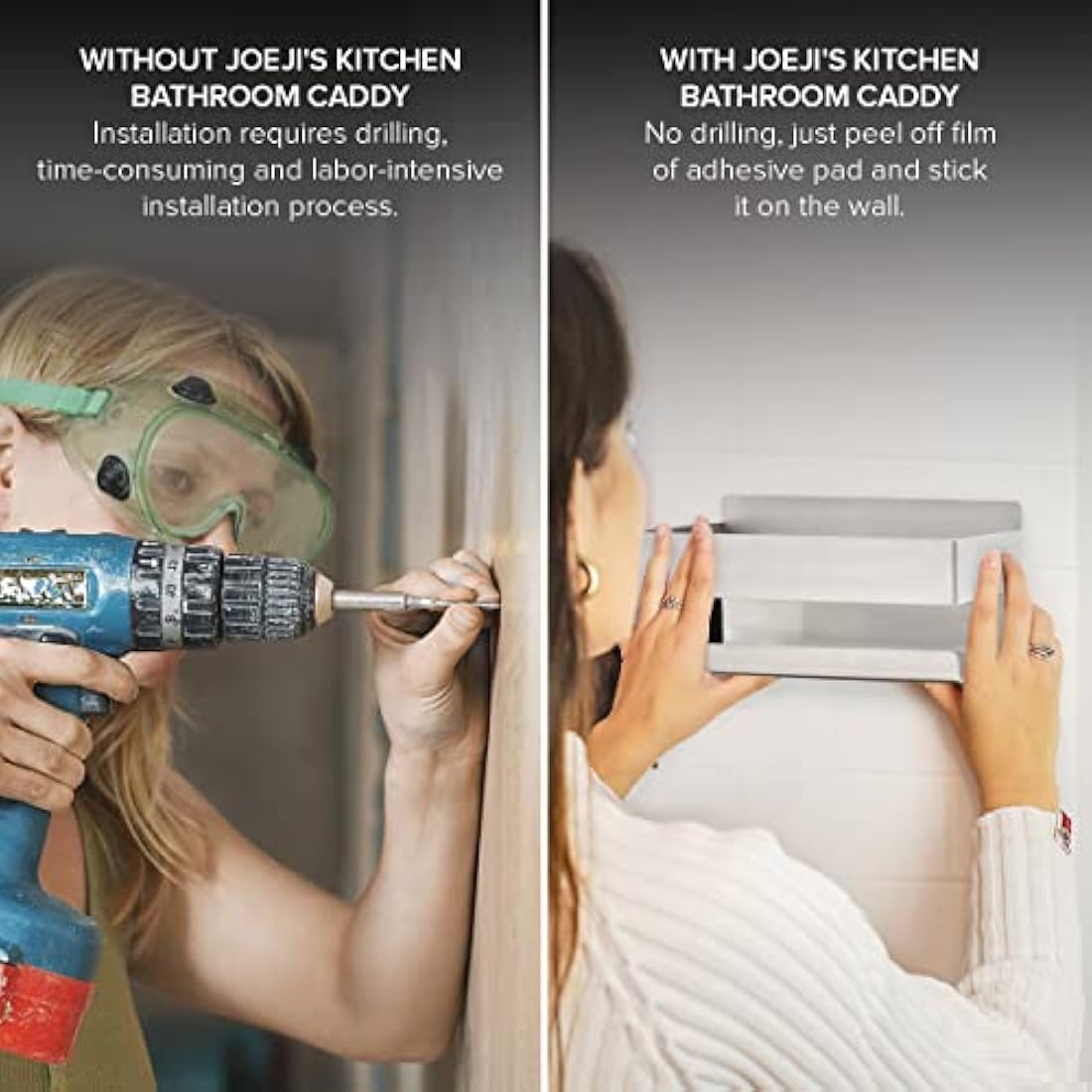 Joejis Shower Caddy No Drill - Strong 3M Self Adhesive No Drill Wall Mounted Shelf - Stainless Steel - Tidy Shampoo Gel Storage Basket - Shower Organiser (2 Pack Silver)