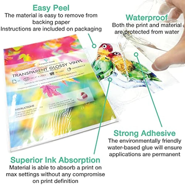 Evergreen Goods 50 Sheets Glossy Low Opacity Sticker Vinyl Labels | Waterproof Inkjet & Laser Printable Translucent Self Adhesive | Make Your Own Stickers | Sticky Back Clear PVC