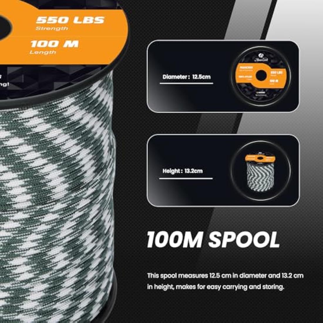Abma Cord Paracord 550 4mm 100m 100% Nylon Rope Type III 7 Strands Parachute Cord for DIY, Camping, Survival, Outdoor - Max. 250kg - Shamrock Frost