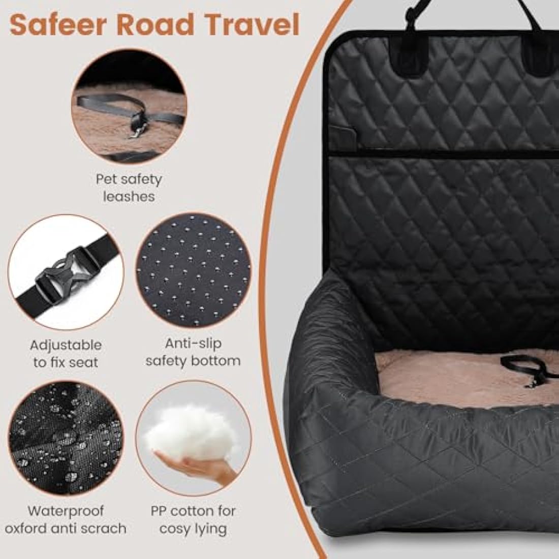 HAPPY HACHI Dog Bed Car Seat - Detachable Washable Dog booster Seat with Storage Pockets Safety Belts ，Waterproof Puppy Travel Carrier for Car (Black)