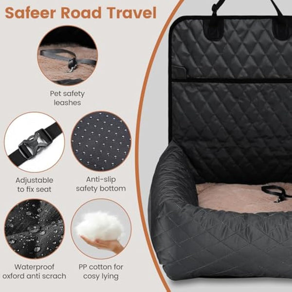 HAPPY HACHI Dog Bed Car Seat - Detachable Washable Dog booster Seat with Storage Pockets Safety Belts ，Waterproof Puppy Travel Carrier for Car (Black)