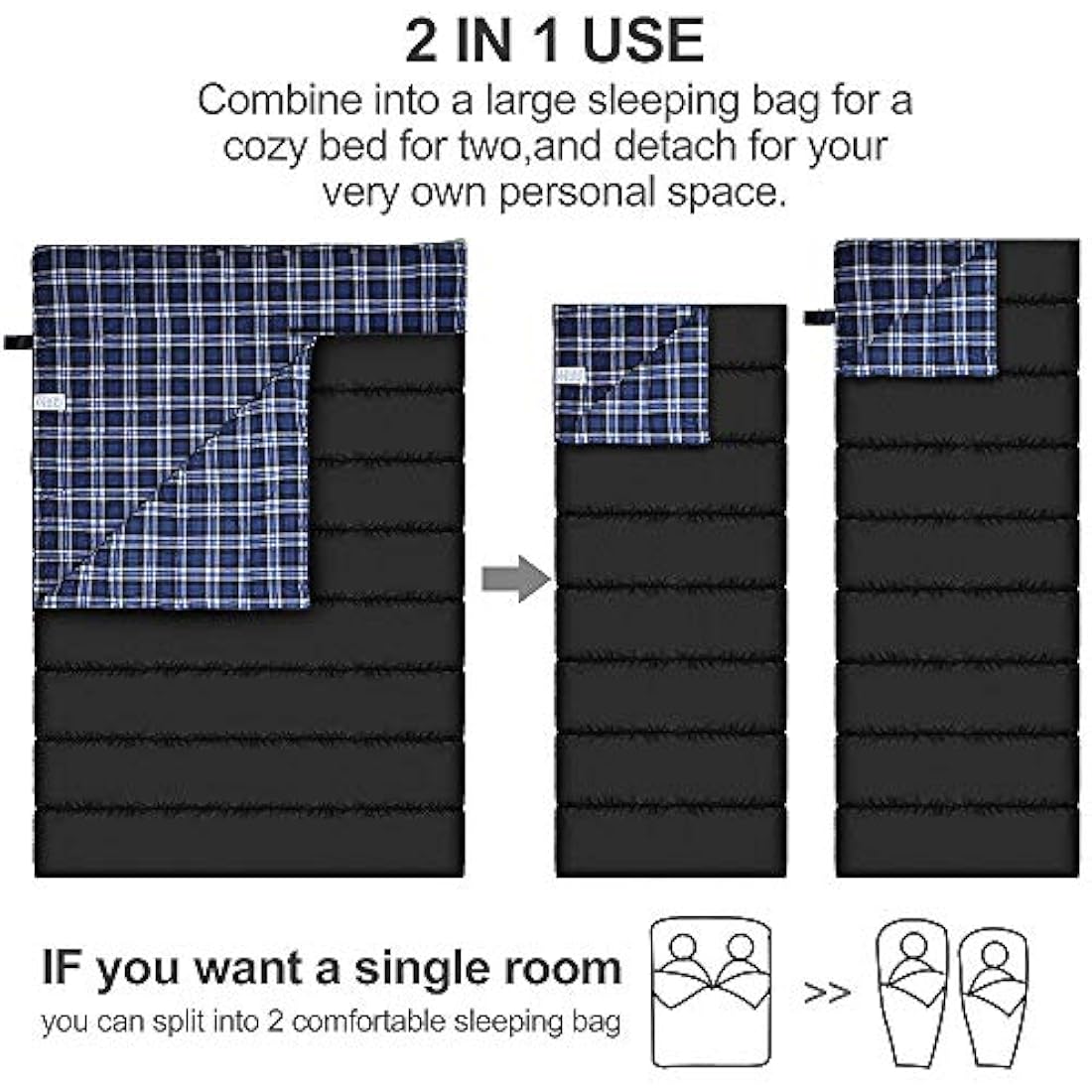 Double Cotton Flannel Sleeping Bag for Camping, Hiking, or Hiking. Queen 2 Cold Weather Waterproof Sleeping Bag for Adults or Teenagers.