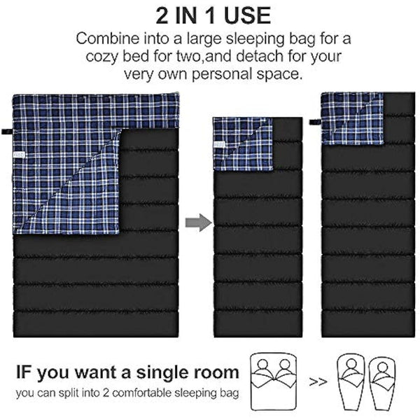 Double Cotton Flannel Sleeping Bag for Camping, Hiking, or Hiking. Queen 2 Cold Weather Waterproof Sleeping Bag for Adults or Teenagers.