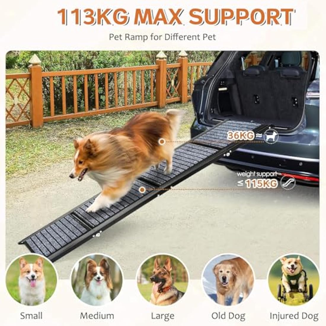 Extra Long 170cm Foldable Dog Ramps Large Dogs, Dog Ramp for Car with Non-Slip Rug Surface, Pet Ramp Stairs Portable,Portable Dog Steps for Medium & Large Dogs Up to 113kg Get Into a Car, SUV & Truck