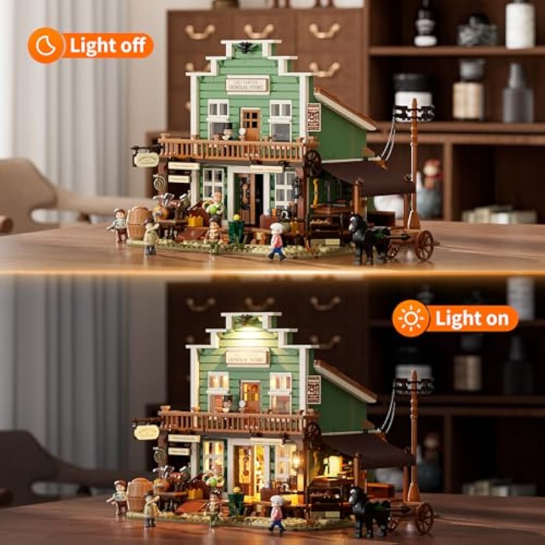 FUNWHOLE Western General Store Building Set – 1895 PCS Wild West Town Model Kit with Removable Roof, Hidden Chamber, Vintage Details, Modular Design – Story Playset for Adults & Teens