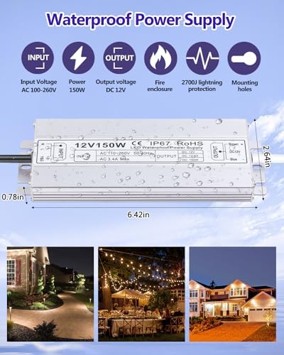 Idealyuan 12VDC 12.5Amp 150Watts LED Driver,Waterproof IP67 LED Power Supply Low Voltage Transformer Adapter,100V-260V AC to 12V DC Output for Any 12VDC LED Lighting