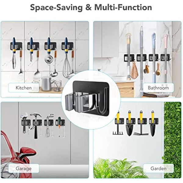 homeasy Mop Broom Holder, 4 Pcs Stainless Steel Self Adhesive Mop Holder Wall Mounted with Hooks Hanger Self-Adhesive Broom Holder for Bathroom, Kitchen, Office, Closet, Garden Garage(Black Mix)