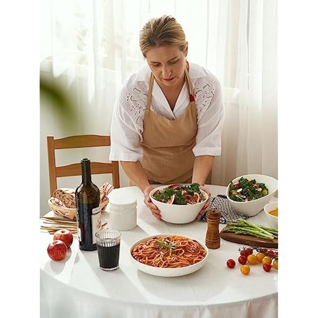 DOWAN Ceramic Soup Bowls, 1730ml Large Salad Bowl Set of 4, Φ 21.8cm White Serving Bowls, Large Snack Bowls Bouillon Cups for Kitchen, Dishwasher & Microwave Safe