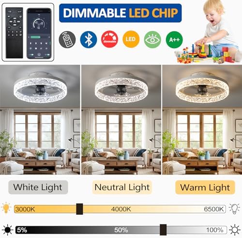 Exlafi Quiet Modern Ceiling Fans with Lights and Remote Control, LED Dimmable Fan Lamps for Bedroom and Living Room, Reversible with 6 Speeds (White, 40CM)